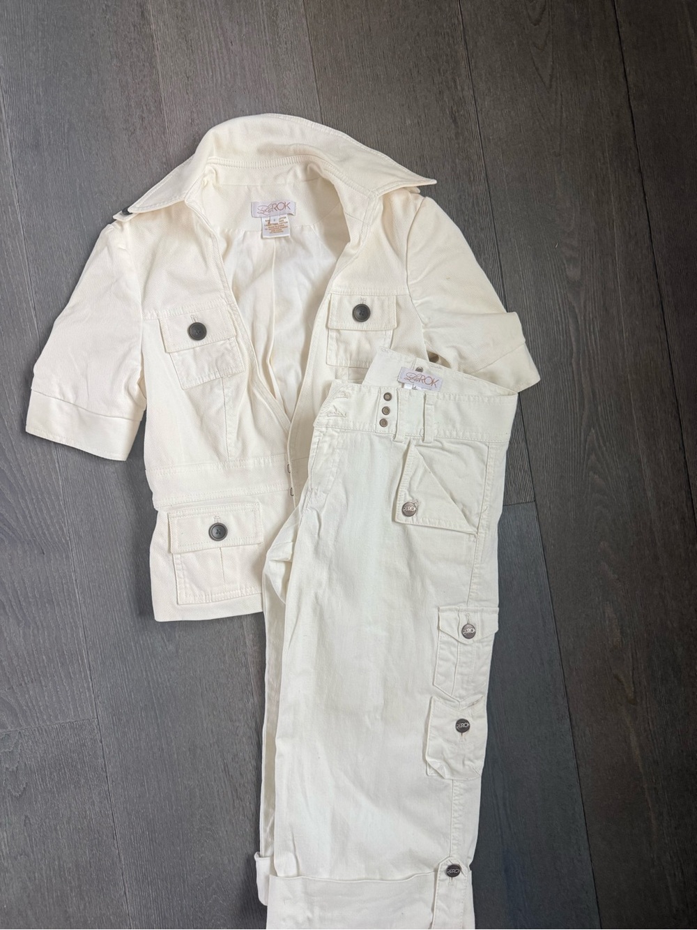 LaRok Cream Jean Jacket and Cargo cropped Pants Set